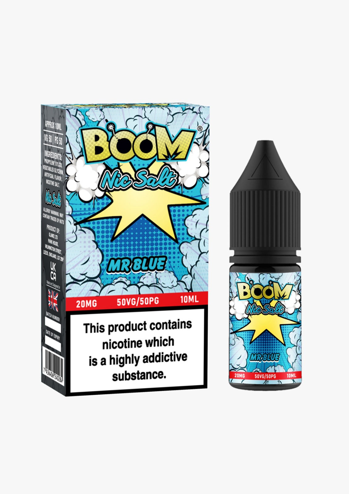 10ml bottle of Boom Nic Salt E-Liquid in Mr Blue flavor, 50/50 VG/PG ratio for balanced flavor and vapor, available in 10mg and 20mg nicotine salt strengths, perfect for pod kits.