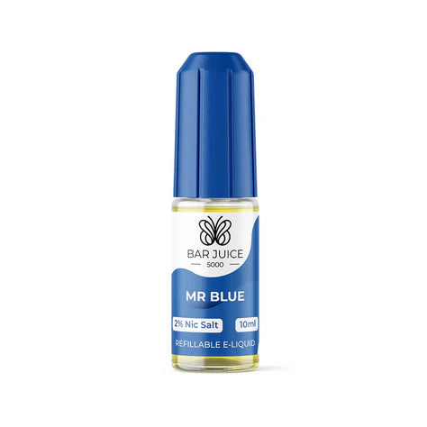 A product image showing a Bar Juice 5000 e-liquid bottle next to its packaging box. The packaging is predominantly blue with graphical elements and text, and the bottle is blue with a white label.