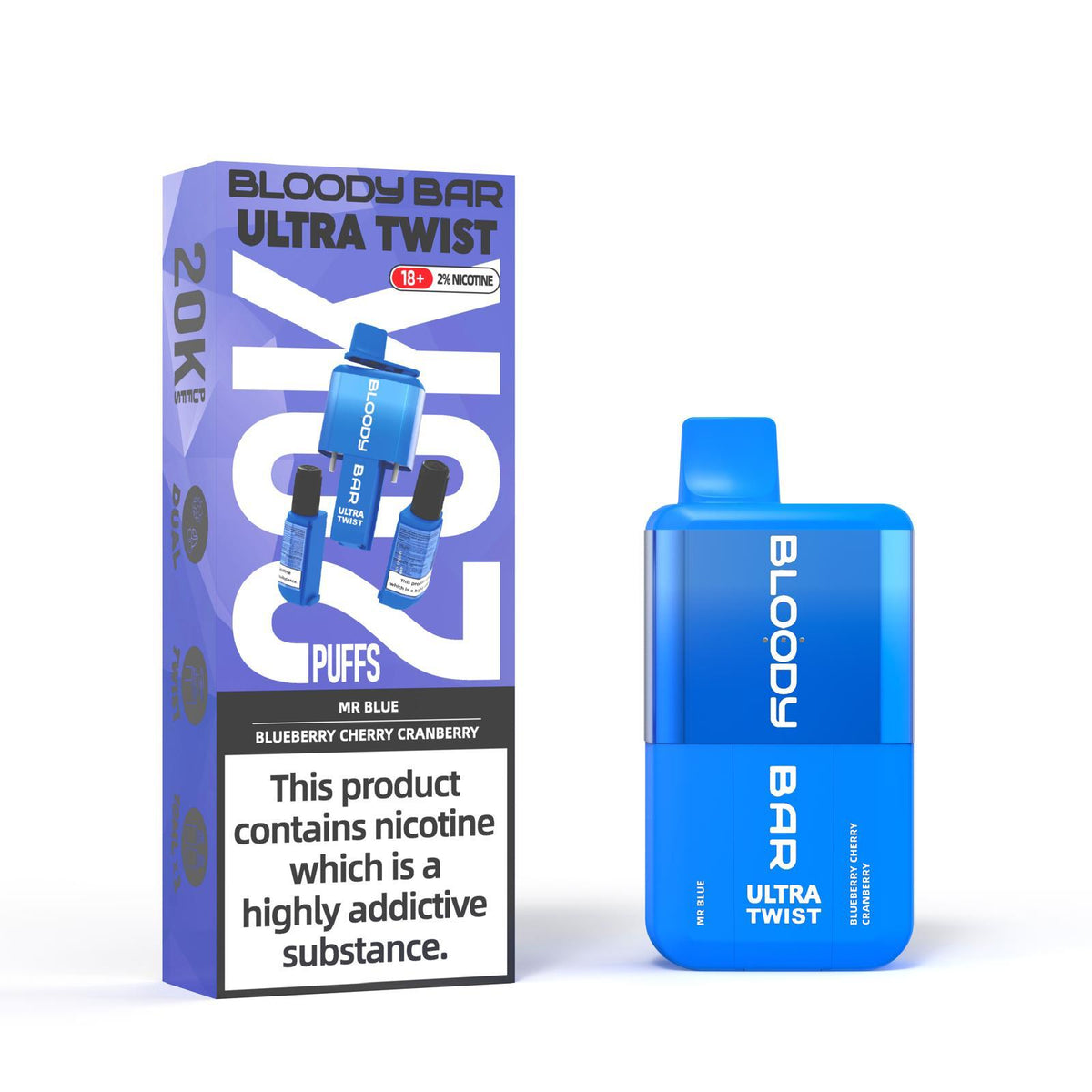 Bloody Bar Ultra Twist Disposable Vape – 20,000 puffs, available in Mr Blue or Blueberry Cherry Cranberry flavors.