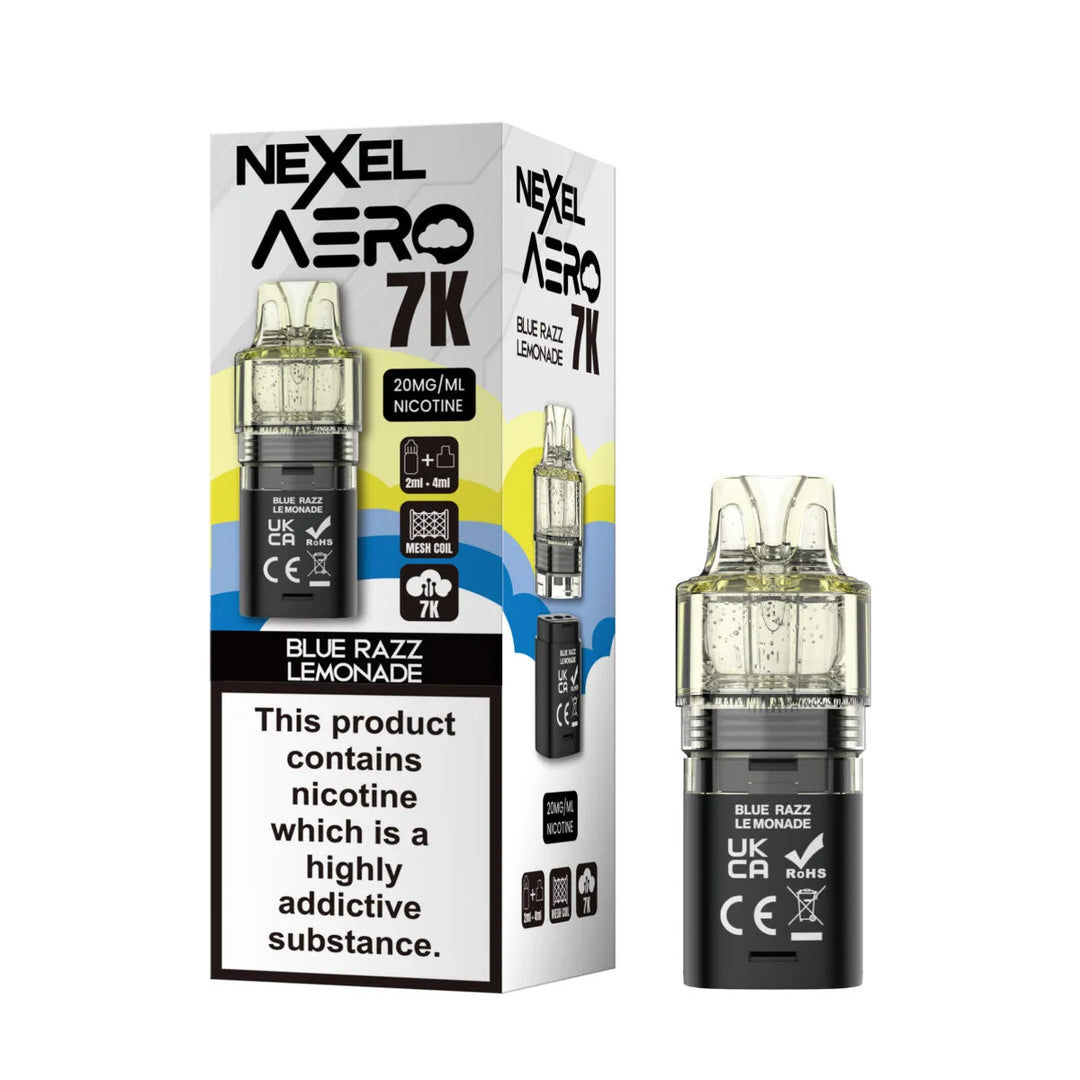 Nexel Aero 7000 Replacement Pods – prefilled Blue Razz Lemonade flavor pods designed for the Nexel Aero 7000 vape kit.