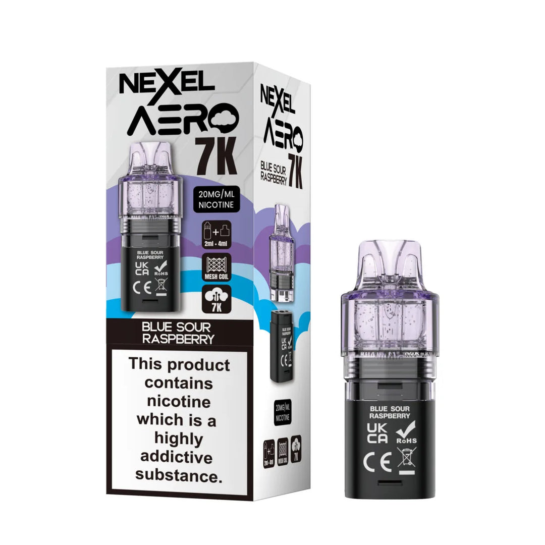 Nexel Aero 7000 Replacement Pods – prefilled Blue Sour Raspberry flavor pods designed for the Nexel Aero 7000 vape kit.