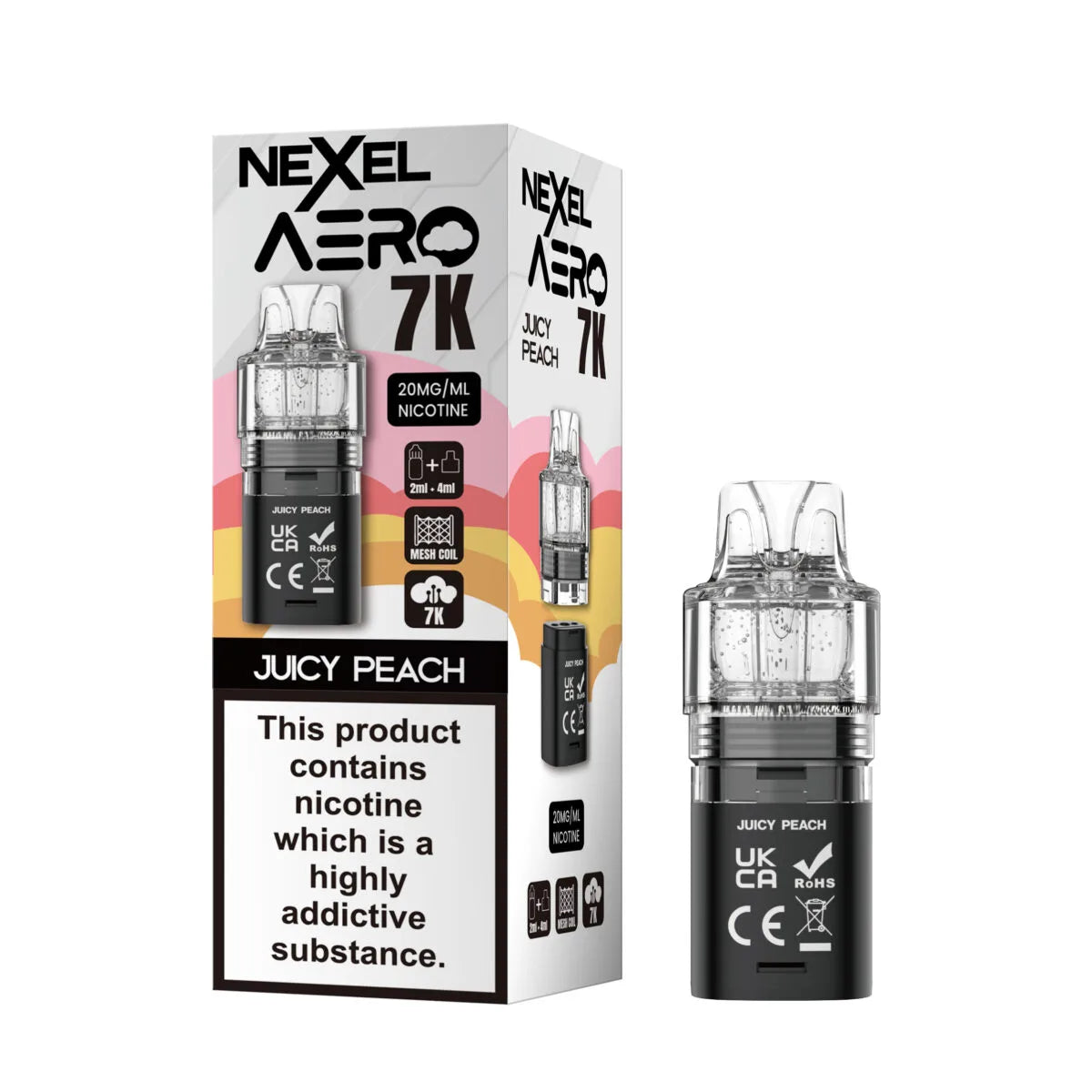 Nexel Aero 7000 Replacement Pods – prefilled Juicy Peach flavor pods designed for the Nexel Aero 7000 vape kit.