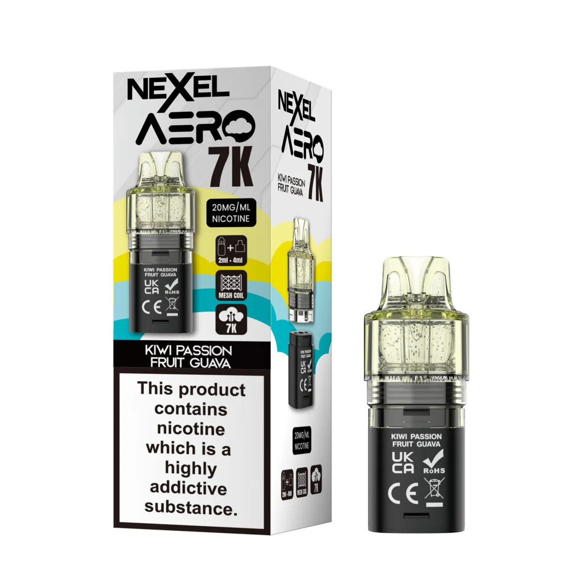 Nexel Aero 7000 Replacement Pods – prefilled Kiwi Passionfruit Guava flavor pods designed for the Nexel Aero 7000 vape kit.