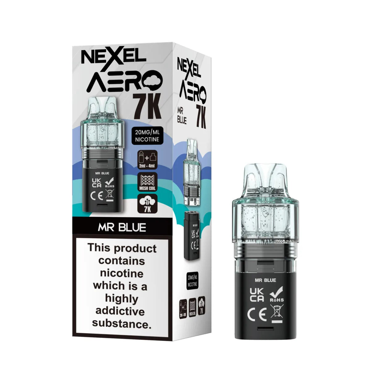 Nexel Aero 7000 Replacement Pods – prefilled Mr Blue flavor pods designed for the Nexel Aero 7000 vape kit.