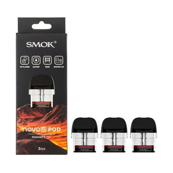Smok Novo 5 Replacement Pods – pack of 3 refillable 2ml pods with built-in 0.7Ω mesh coils, designed for the Smok Novo 5 pod system.