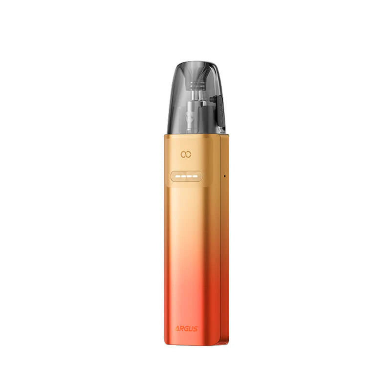 Voopoo Argus G4 Mini Pod Kit in Orange – compact refillable vape device with a 1650mAh battery, Multi-Ohm Cartridge technology, and adjustable airflow.
