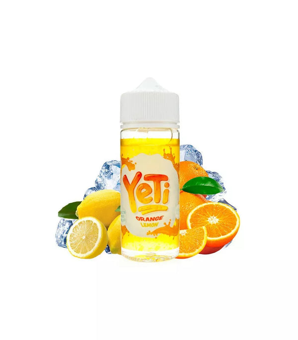 A bottle of YETI E-Liquid with a label showing sliced oranges and lemons, representing the Orange Lemon flavor of the e-liquid.