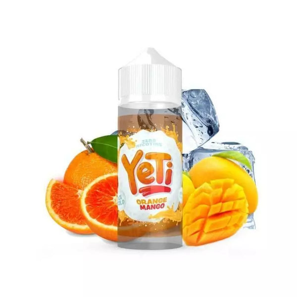 A bottle of Yeti E-Liquid branded Orange Mango flavor, with images of oranges and mangoes alongside ice cubes in the background.