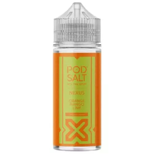 Pod Salt Nexus Orange Mango Lime 100ml – tropical fruity blend, 70VG/30PG, 0mg nicotine, perfect for sub-ohm vaping.