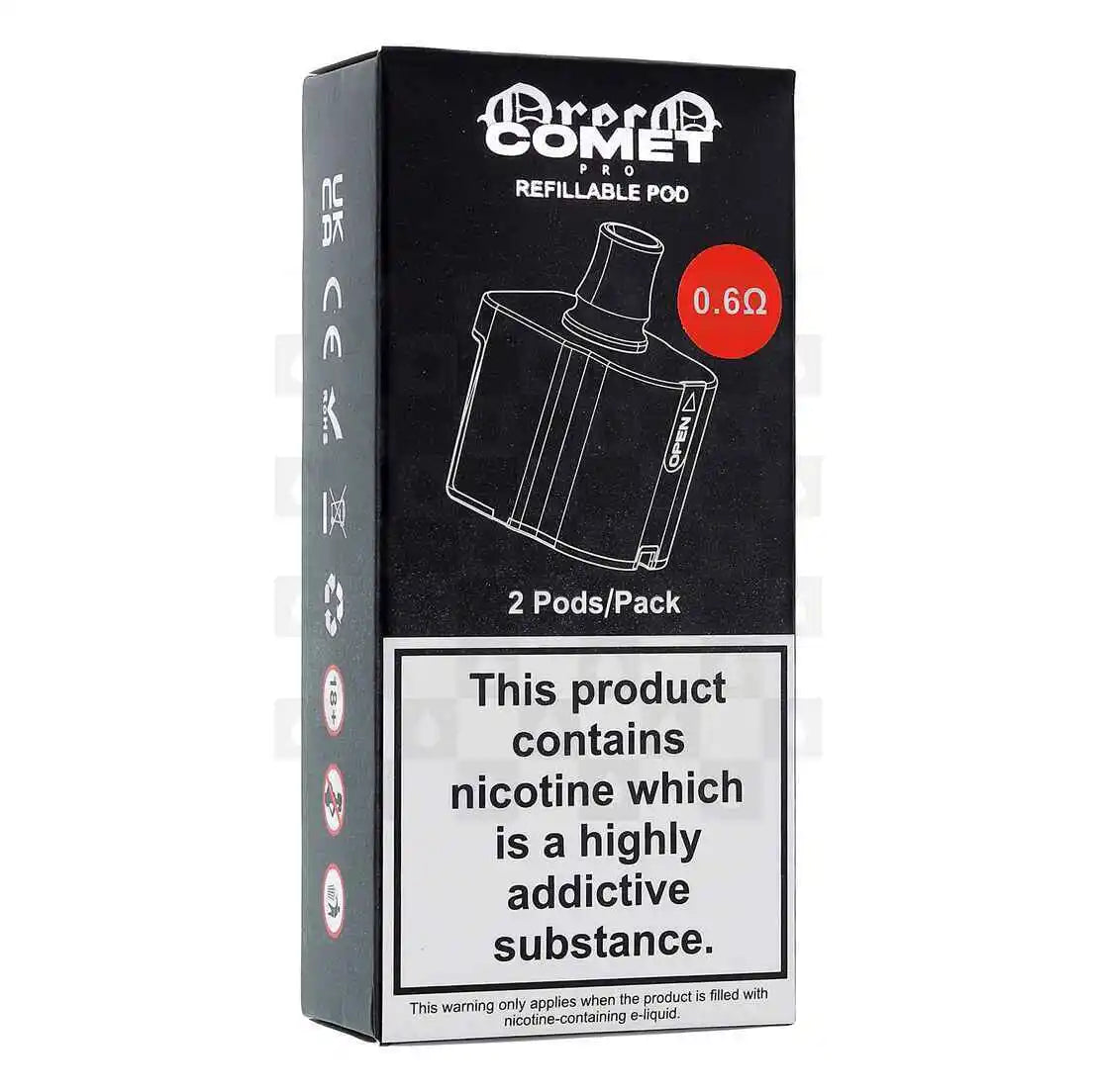 Oreco Comet Pro Replacement Pods featuring a 5ml refillable capacity, integrated 0.6Ω mesh coil, and leak-resistant design for convenient everyday vaping.