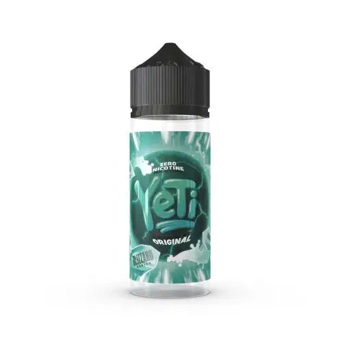 A 100ml bottle of YETI Original E-Liquid from the Fruity Ice Cold Series with a green label and white branding text.