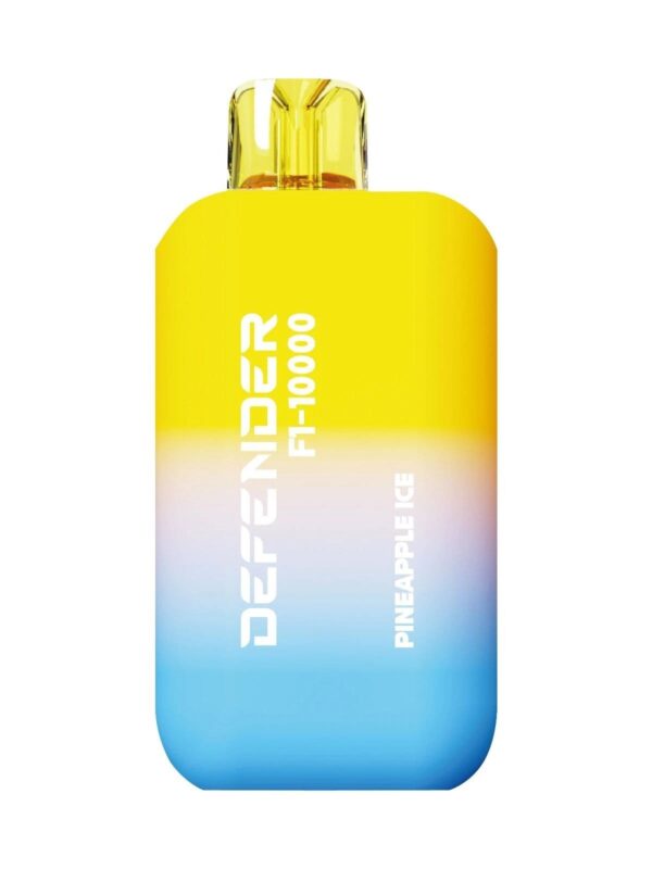 Defender F1-10000 Prefilled Pods in Pineapple Ice flavor, featuring a gradient blue and yellow design with a transparent mouthpiece.