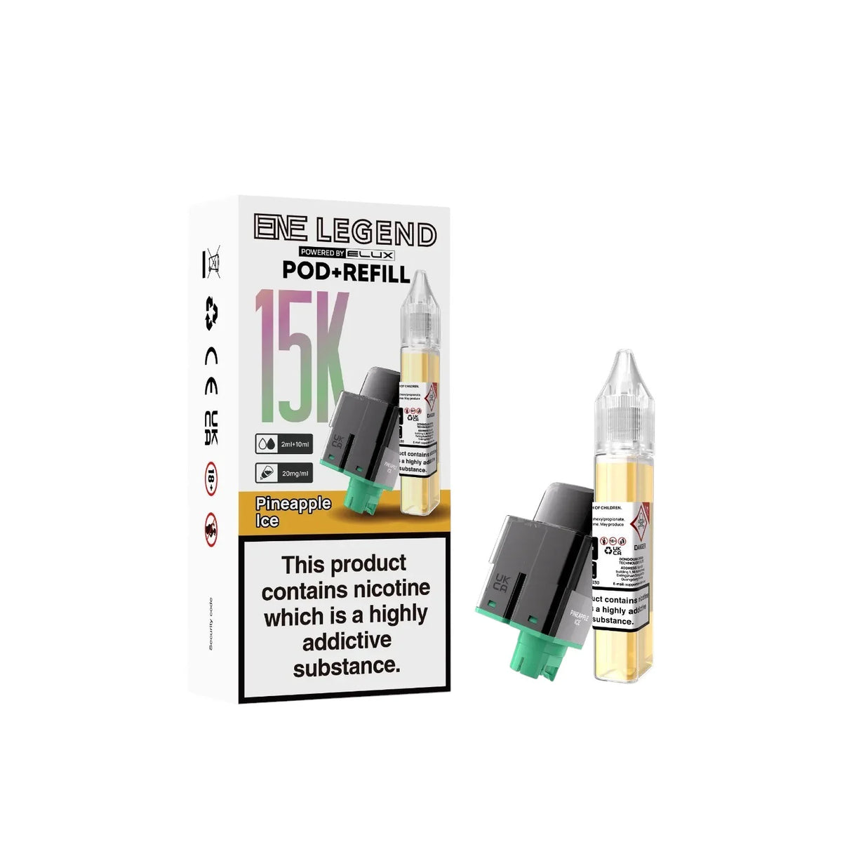 Elux ENE Legend 15K Prefilled Pods in Pineapple Ice – replacement prefilled pods with 2ml e-liquid capacity.