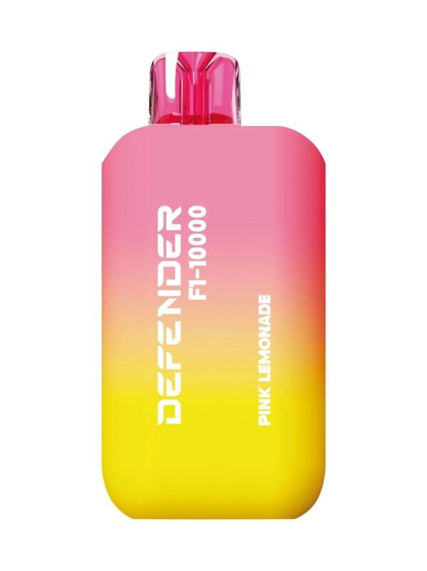 Defender F1-10000 Prefilled Pods in Pink Lemonade flavor, featuring a gradient blue and yellow design with a transparent mouthpiece.