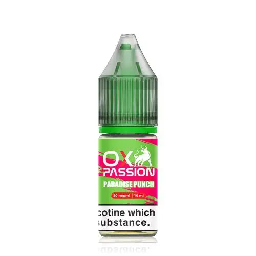 Bottle of Paradise Punch OXVA Ox Passion Nic Salt featuring vibrant multi-color packaging in tropical hues like pink, orange, and yellow, with stylized fruit illustrations (such as pineapple, citrus, and tropical punch fruits), the bold OXVA logo and ‘Ox Passion’ branding clearly displayed, designed for nicotine salt vape devices.