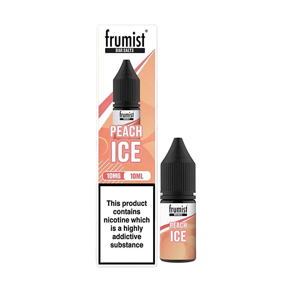 Frumist Nic Salt E-Liquid Peach Ice – 10ml bottle, 50/50 VG/PG blend, available in 10mg or 20mg nicotine strength.