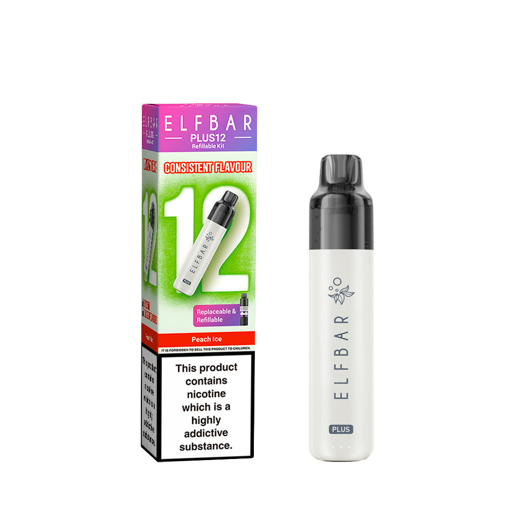 Elf Bar Plus 12 in PeachIce – long-lasting rechargeable vape with up to 12,000 puffs and smooth MTL performance.