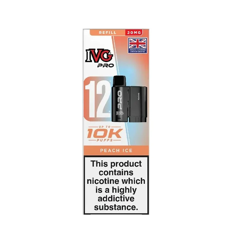 IVG Pro 12 prefilled vape pods in Peach Ice flavor, offering a refreshing mint taste with a convenient disposable design