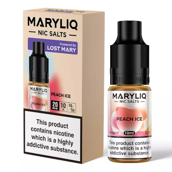 Bottle of MaryLiq Peach Ice Nic Salt E‑Liquid in 50/50 VG/PG ratio, featuring vivid peach-orange and icy blue packaging with stylized peach fruit artwork and crystal frost graphics, bold ‘MaryLiq’ branding and ‘Peach Ice’ label—nicotine strength clearly marked (e.g. 20 mg), designed for MTL nicotine salt vape devices.