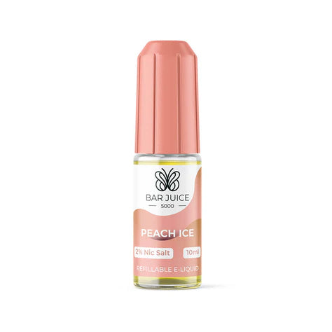 Packaging for Bar Juice 5000 Peach Ice Nic Salt E-Liquid featuring a peach-colored bottle with a white and orange label, and a box with product details.