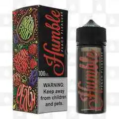 100ml shortfill bottle of Humble Juice E-Liquid in Peach Pleasure flavor, 80/20 VG/PG ratio for rich flavor and massive clouds, nicotine-free with space for nic shots, perfect for sub-ohm vaping.