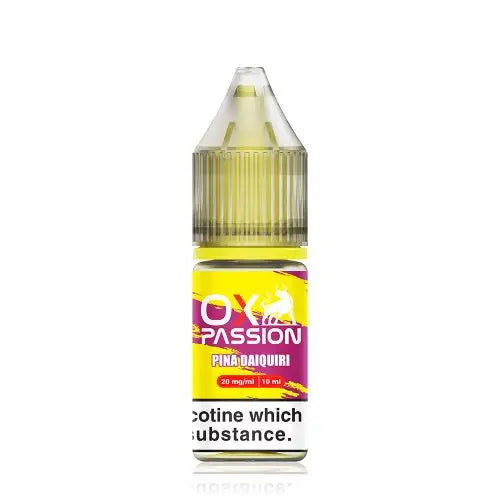 Bottle of Pina Daiquiri OXVA Ox Passion Nic Salt featuring tropical teal and creamy white packaging with detailed illustrations of pineapple wedges and a cocktail glass, accented by stylized lime and coconut motifs, bold OXVA logo and ‘Ox Passion’ flavor label in sleek typography—designed for nicotine salt vape devices.