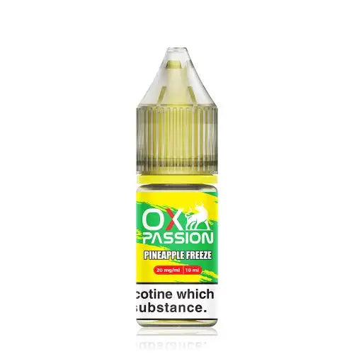 Bottle of Pineapple Freeze OXVA Ox Passion Nic Salt featuring cool icy-blue and vibrant yellow-green packaging, showcasing bold illustrations of pineapple slices surrounded by frost motifs, with the OXVA logo and ‘Ox Passion’ branding prominently displayed—designed for nicotine salt vape devices.