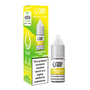 Packaging for Pineapple Ice Pukka Juice 5000+ Nic Salt E-Liquid featuring a bottle with pineapple imagery and a yellow background.