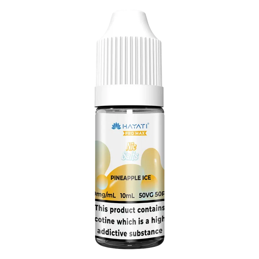 Hayati Pro Max Nic Salt Vape E-Liquid 10ml in Pineapple Ice Flavor, offering a smooth and satisfying vaping experience with convenient 10ml bottle packaging.