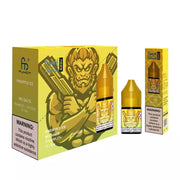 The image shows a 10ml bottle of Pineapple Ice R&M Nic Salt E Liquid, along with its packaging that features a cartoon character and product information.
