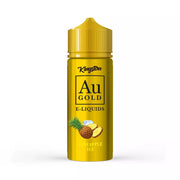 A bottle of Kingston AU Gold Pineapple Ice e-liquid, 100ml, with a yellow label and cap.