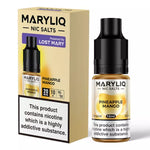 Load image into Gallery viewer, The image shows a product packaging and a bottle of Pineapple Mango MARY LIQ by Lost Mary E Liquid. The packaging is gold with purple accents, and the bottle has a black cap.
