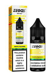 This image displays a product packaging for Zego Nic Salt E-Liquid, specifically the Pineapple Peach Mango flavor. The packaging features a modern and clean design, with the product name clearly visible on the top.