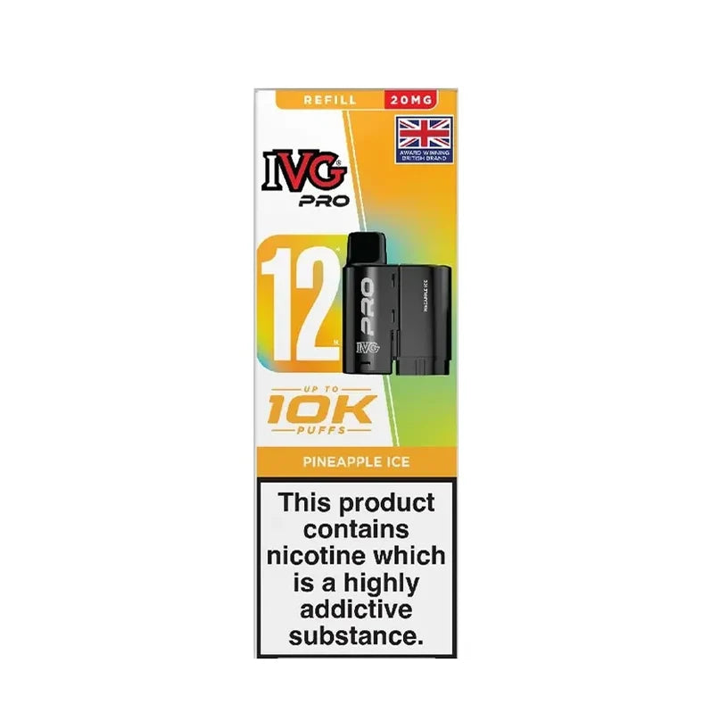 IVG Pro 12 prefilled vape pods in Pineapple Ice flavor, offering a refreshing mint taste with a convenient disposable design