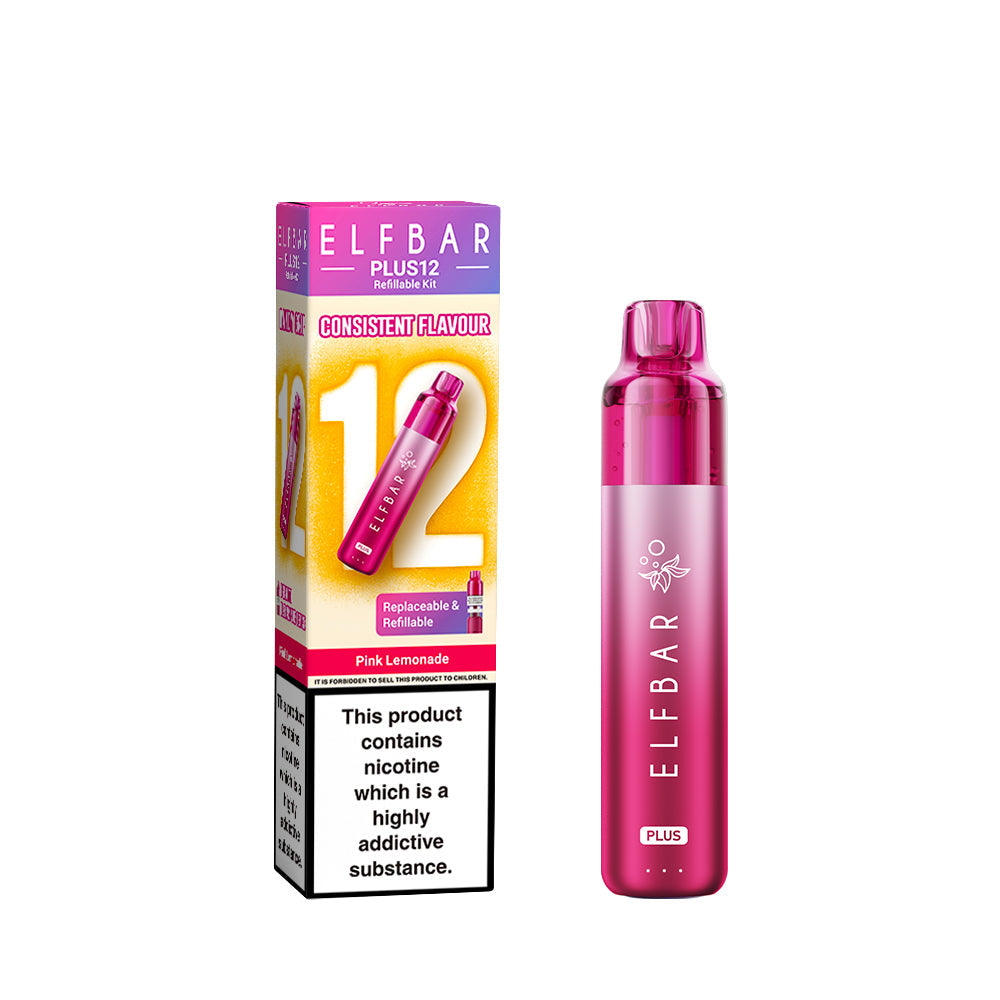 Elf Bar Plus 12 in Pink Lemonade – long-lasting rechargeable vape with up to 12,000 puffs and smooth MTL performance.