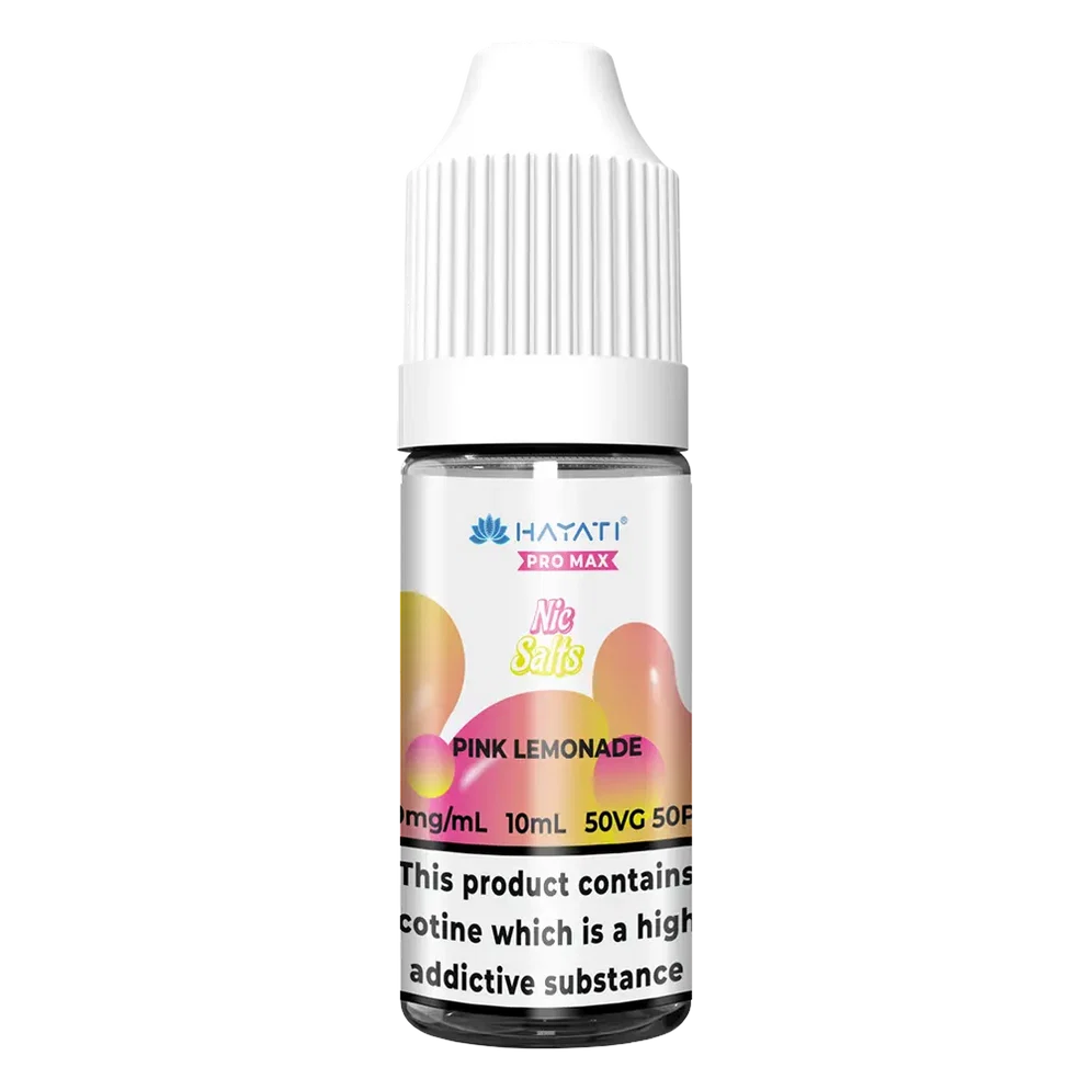 Hayati Pro Max Nic Salt Vape E-Liquid 10ml in Pink Lemonade Flavor, offering a smooth and satisfying vaping experience with convenient 10ml bottle packaging.