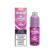 A product image showing a 10ml bottle of Pink Lemonade SKE Crystal Nic Salt E Liquid, with packaging displaying the flavor and nicotine strength options.