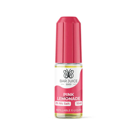 A product image showing a pink bottle of Bar Juice 5000 e-liquid with a label indicating the flavor as Pink Lemonade. The packaging is designed for a vaping product and mentions nicotine lemonade as an ingredient.