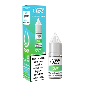 Packaging for Polar Mint Pukka Juice 5000+ Nic Salt E-Liquid featuring a box and a 10ml bottle with information about the product including nicotine content.