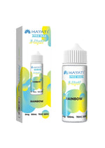 Load image into Gallery viewer, The image shows a box and a bottle of Hayati Pro Max E-Liquid. The packaging is colorful with a prominent display of the word &#39;RAINBOW&#39; and fruit images, indicating the flavor of the e-liquid.
