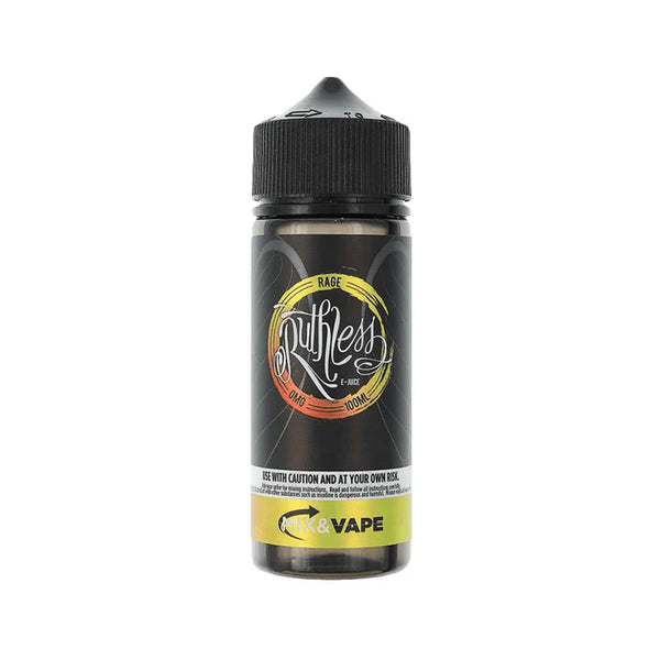 A 100ml bottle of Rage Ruthless e-liquid with a black and yellow label, indicating nicotine-free and 70/30 VG/PG ratio.