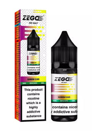 A bottle of Rainbow Cloud Zego Nic Salt E-Liquid with its packaging, highlighting the nicotine content and flavor options.