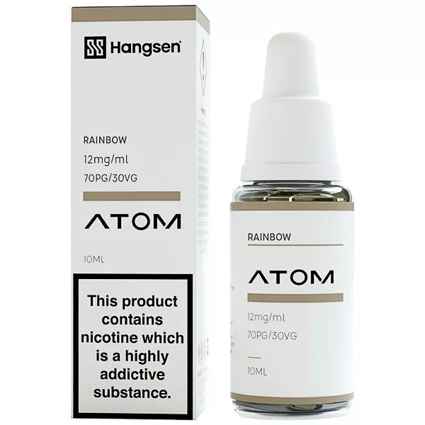 The image shows a product packaging for Hangsen Rainbow e-liquid, including a 10ml bottle and a box with branding and product information.