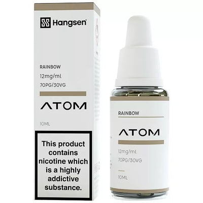 The image shows a product packaging for Hangsen Rainbow e-liquid, including a 10ml bottle and a box with branding and product information.