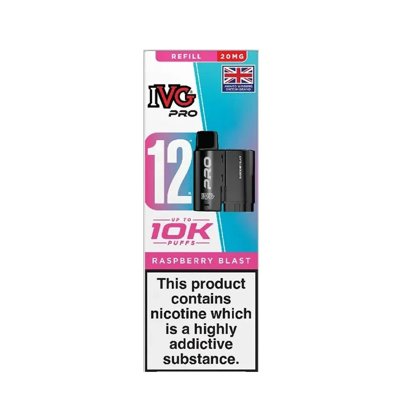 IVG Pro 12 prefilled vape pods in Raspberry Blast flavor, offering a refreshing mint taste with a convenient disposable design