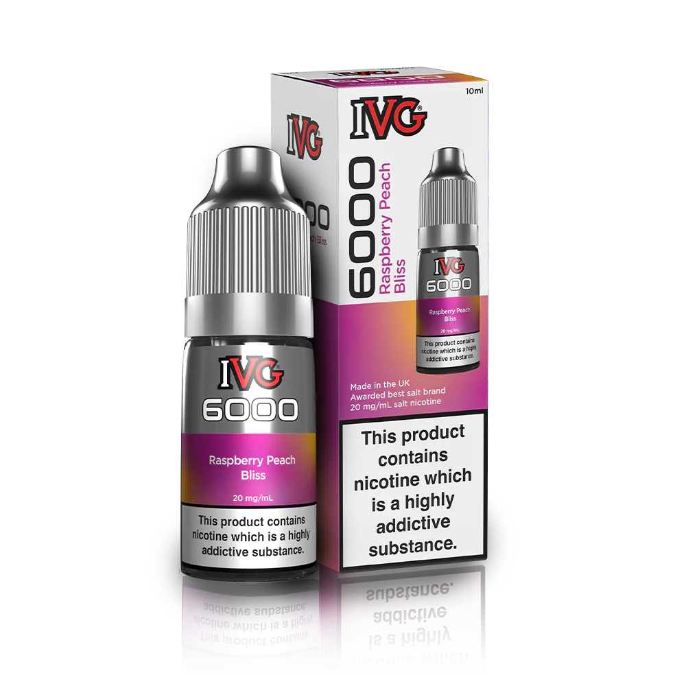 10ml bottle of IVG 6000 Nicotine Salt Vape Juice in Raspberry Peach Bliss flavor, blending crisp green apple with an icy menthol twist; available in 10mg and 20mg strengths, featuring a smooth nic salt formula perfect for pod kits and mouth-to-lung vaping.