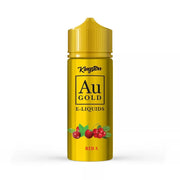 Bottle of Kingston AU Gold Red A 100 ml shortfill e-liquid featuring striking gold and red packaging with bold AU Gold logo, stylized berry and aniseed graphics, and the flavor name ‘Red A’ prominently displayed—formulated for 70VG/30PG sub-ohm vape devices.