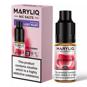 A 10ml bottle of MARY LIQ Nic Salt Vape Juice in Red Cherry flavor, with a concentration of 20mg/ml. The product packaging is predominantly pink and black, highlighting the nicotine content and flavor.
