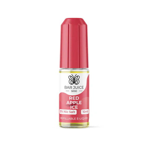 A product image showing a pink bottle of Bar Juice 5000 Red Apple Ice e-liquid next to its packaging box. The packaging indicates the product contains 5000mg of nicotine salt e-liquid and provides a throat hit and vapor clouds.