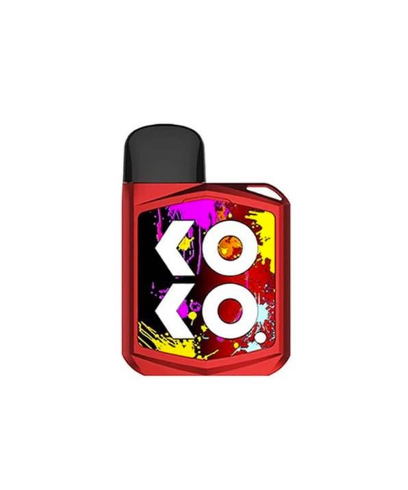 Uwell Caliburn Koko Prime Pod Kit in Red – compact and durable pod vape with a swappable decorative panels, and Pro-FOCS coil technology for rich flavor delivery.